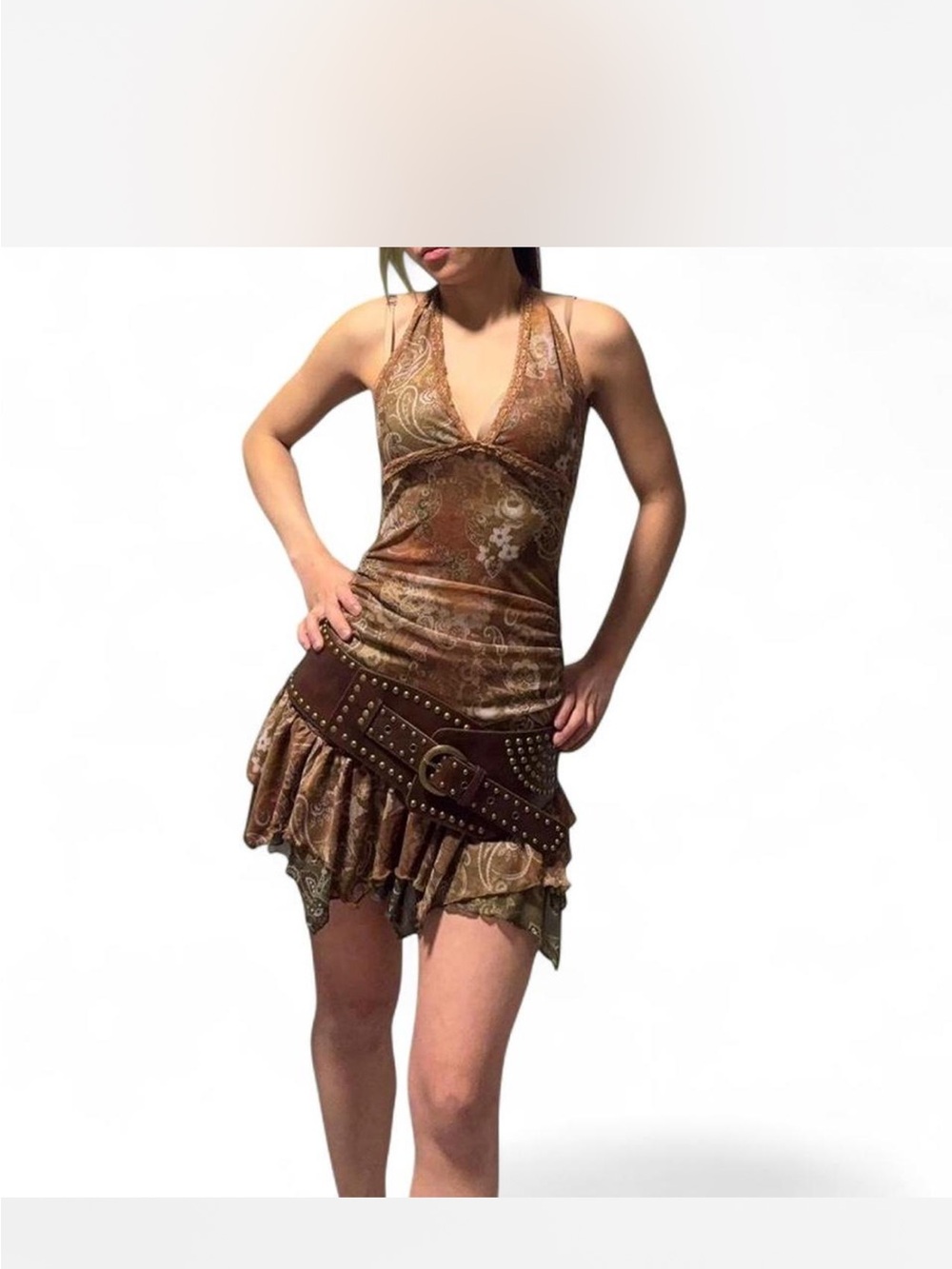 Brown Paisley Halter Mini Dress
